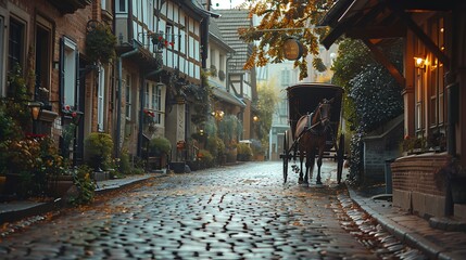 Wall Mural - A vintage horse-drawn carriage on a cobblestone street, historical town with charming cafes, early morning mist, soft light, detailed textures, tranquil and nostalgic atmosphere, hd quality,