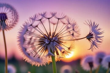 Dandelion seeds gently blowing in the wind, horizontal compostion