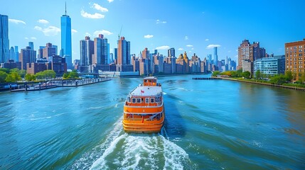 Ferry boat navigating a river, city skyline with historical and modern buildings, clear blue sky, midday sunlight, detailed textures, dynamic and vibrant scene, hd quality, natural look.