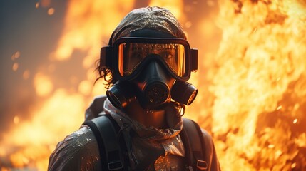 A Man in a Gas Mask and Protective Gear Standing in Front of a Wall of Fire