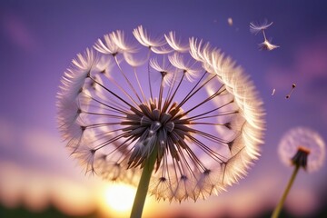 Canvas Print - Dandelion seeds gently blowing in the wind, horizontal compostion