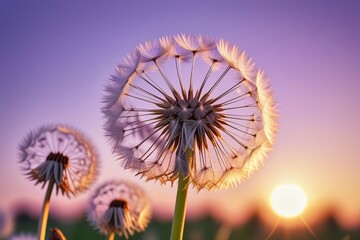 Canvas Print - Dandelion seeds gently blowing in the wind, horizontal compostion