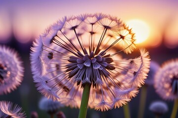 Canvas Print - Dandelion seeds gently blowing in the wind, horizontal compostion