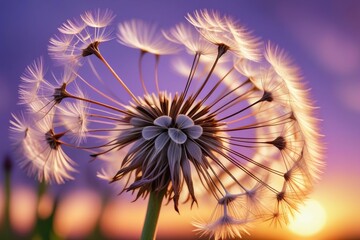 Dandelion seeds gently blowing in the wind, horizontal compostion