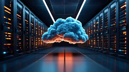 Canvas Print - A conceptual image of a cloud in a modern data center with server racks illuminated by blue and orange lights.