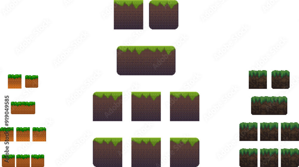 Pixel art ground platform tile set. Different square texture grid ...