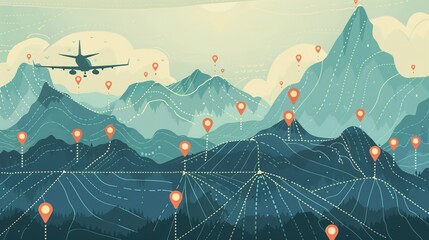 Wall Mural - Airplane flying over scenic landscape with map pointers and dashed path lines, symbolizing travel, adventure, and journey planning in a minimalist vector illustration - ideal for tourism, navigation, 