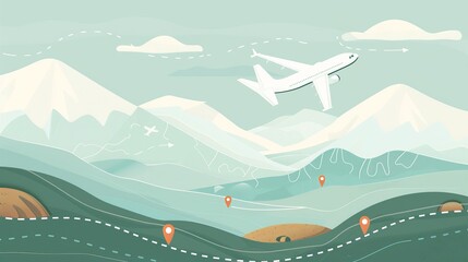 Wall Mural - Airplane flying over scenic landscape with map pointers and dashed path lines, symbolizing travel, adventure, and journey planning in a minimalist vector illustration - ideal for tourism, navigation, 