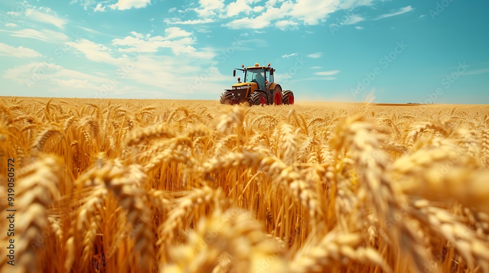 Tractor driven by a farmer in a golden wheat field, clear blue sky ...