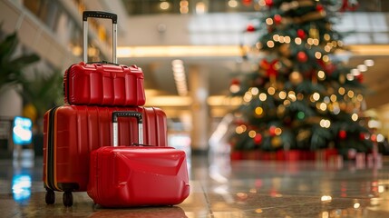 Red suitcases near decorated christmas tree in modern airport terminal – holiday travel concept with festive decorations and luggage for christmas vacation, winter getaways, and family reunions