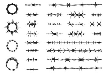 Barbed wire icons set. Black contour silhouettes. Twisted and straight pieces of industrial fence wire. Protection, danger or security concept elements. Isolated vector clipart collection