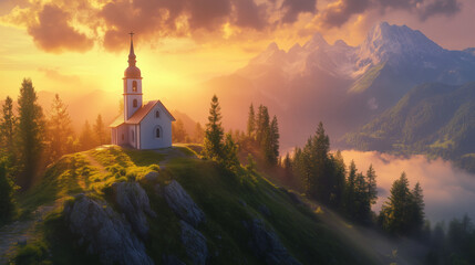 The church on the mountaintop is shown in the glow of the morning sun as it rises over the horizon.