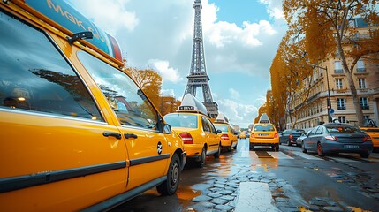 Wall Mural - Yellow taxis lined up in front of the Eiffel Tower in Paris, vibrant cityscape, bright daylight, detailed textures on the taxis and landmark, dynamic and lively atmosphere, hd quality, natural look.