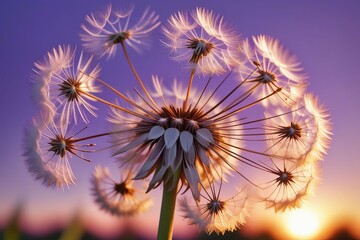 Wall Mural - Dandelion seeds gently blowing in the wind, horizontal compostion