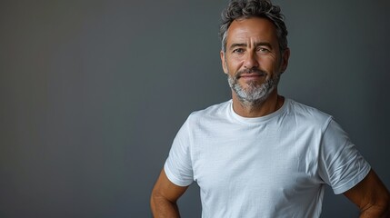 Portrait of a smiling middle aged man in white T-shirt.