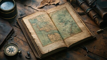 An explorer's journal open to a hand-drawn map and compass, resting on a rugged wooden desk. ideal for storytelling or creative projects related to exploration, navigation, and adventure.