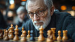 © feeling lucky - An elderly man intensely focuses on a chess game, showcasing strategy and concentration in a cozy environment.