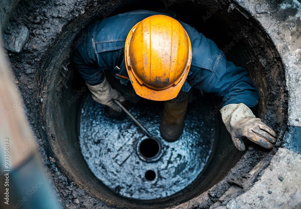 Professional underground worker in a hard hat and work repairing the ...