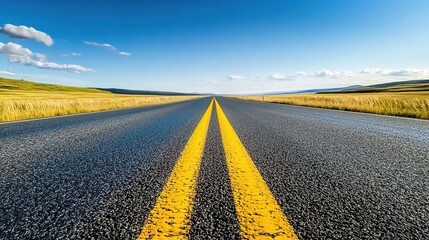 An empty road stretching into the distance, with yellow lines running down its center and a blue sky overhead. 