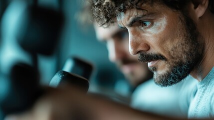 A focused man lifts weights in a modern gym, illustrating determination and commitment to fitness. The setting emphasizes strength training and a dedicated workout routine.