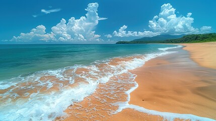 A serene beach with crystal clear blue water lapping at the golden sand.