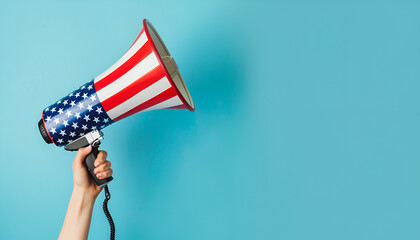 American flag color megaphone in hand on blue background. US President election campaign cocnept