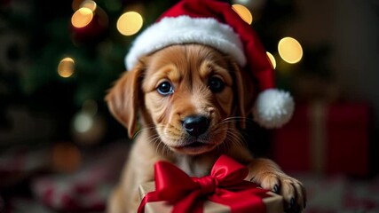 Wall Mural - A dog wearing Santa Claus hat in front of a Christmas tree holding a present