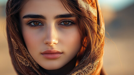 portrait of a beautiful woman in ancient Persia, with a desert background