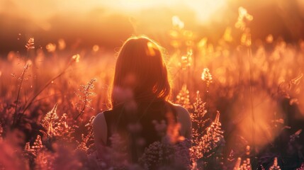 Wall Mural - Back view of a woman standing in a field at sunset, bathed in warm golden light, capturing a peaceful and reflective moment..