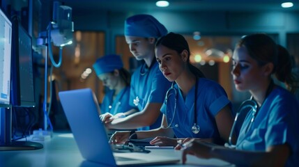 Aufkleber - A group of nurses are working on a laptop in a dimly lit room