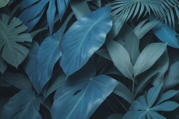 Wall Mural - Collection of tropical leaves,foliage plant in blue color with space background.