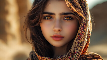 portrait of a beautiful woman in ancient Persia, with a desert background