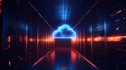 Canvas Print - Neon-lit server room with a glowing cloud icon representing cloud computing and data storage technology.