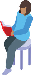 Poster - Young woman sitting on stool reading a book isometric illustration