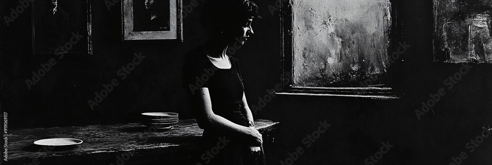 Dramatic silhouette of woman in dark room with window creates moody ...
