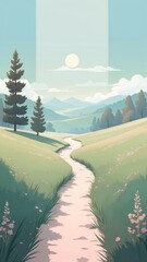 Wall Mural - A Serene Countryside Landscape with a Winding Path Leading Towards the Distant Hills Under a Clear Sky