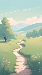 Wall Mural - A Serene Landscape featuring a Winding Path through Verdant Meadows under a Gentle Pastel Sky