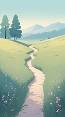 Wall Mural - A serene winding path through a picturesque meadow with distant mountains under a soft morning sky