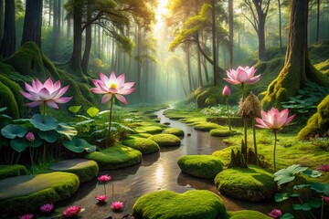 Wall Mural - Serenity found in a lush forest, with virtual lotus flowers and gentle water elements layered over mossy trees and a sun-drenched meandering pathway.