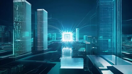 Poster - A vibrant nighttime view of a futuristic city filled with illuminated skyscrapers and advanced technological designs.