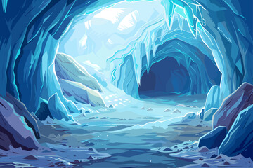 Wall Mural - ice cave landscape. blue snowy winter empty cavern background with icy rocks. grotto, hidden undergr