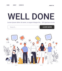 Poster - Well done teamwork concept diverse group people standing together plants speech bubbles website template