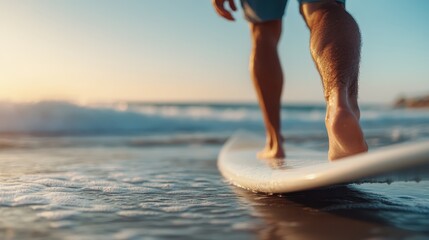 A man is seen walking on the beach towards the ocean with a surfboard during sunset, representing freedom, adventure, and the connection with nature and sea.