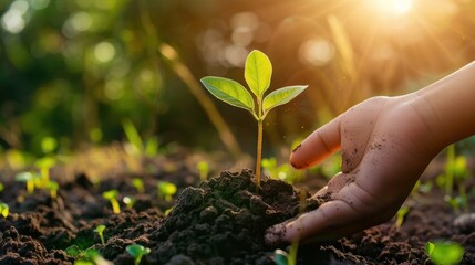 Hand gently touching a young plant growing in the fertile soil, a symbol of new life and care for nature.