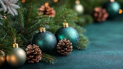 Wall Mural - A green background with two green Christmas ornaments and two pine cones