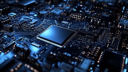 Poster - A close-up view of a modern microchip on a circuit board, showcasing intricate electronic components and connections.