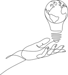 Wall Mural - continuous line drawing of human hand holding light bulb with earth globe inside. one line world map