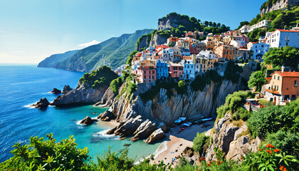 Poster - Vue panoramique d'un village côtier en Italie