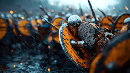 Medieval soldiers in a rain-soaked battlefield holding wooden shields and wearing chainmail and metal helmets, engaged in intense combat.