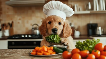 A fluffy puppy wearing a chef hat, proudly preparing a vegetable dish in the kitchen, highlighting its culinary passion.